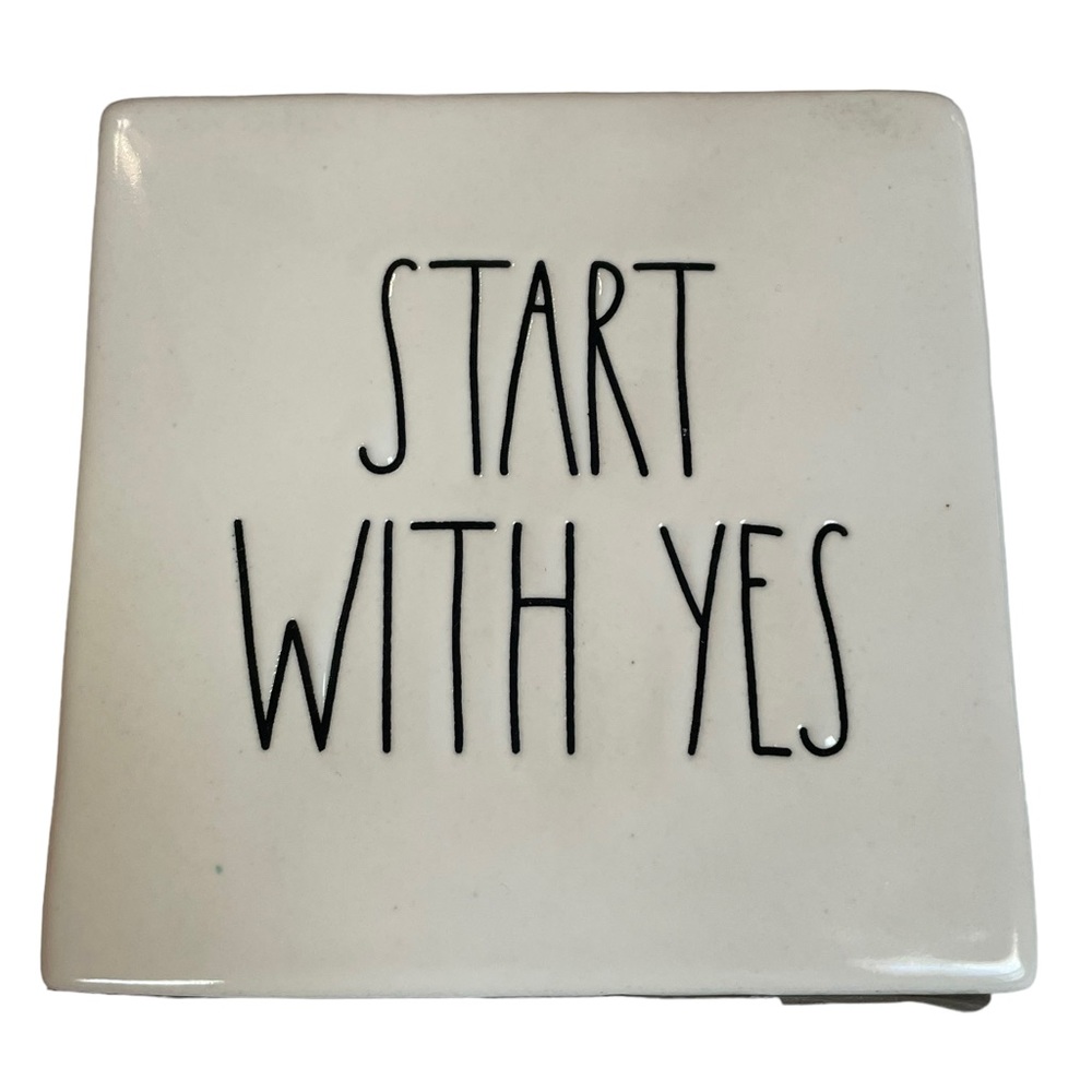 Rae Dunn Start With Yes Inspirational Square Small Ceramic Shelf Statement Art